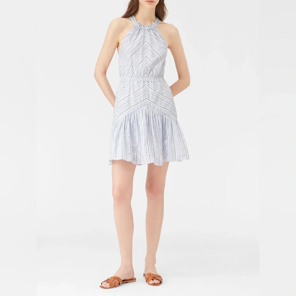 NWT Rebecca Taylor Striped Linen Halter Neck Size S Blue & White Mid Thigh Dress - Picture 3 of 16